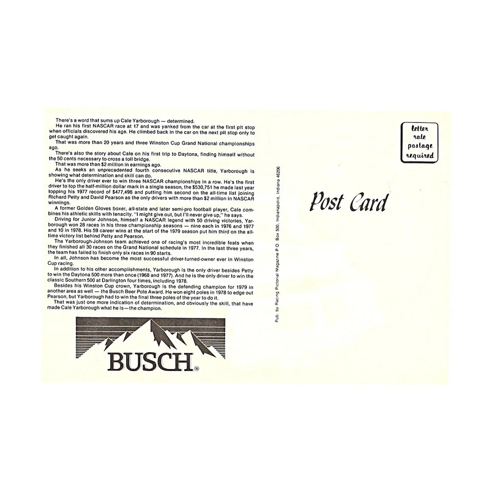 Cartão postal Cale Yarborough Busch Racing 1979 6x9 - Imagem 2 de 2