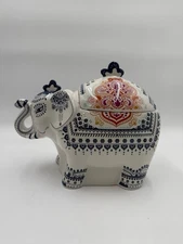 Ceramic Elephant Trinket Box Blue White Boho Jewelry Storage Figurine