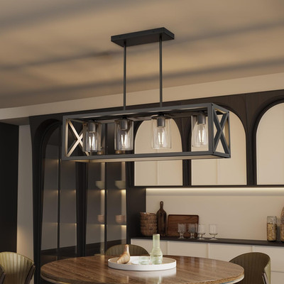 Farmhouse Dining Room Light Fixture - 5 Light Matte Black Rectangle Light Fixtur