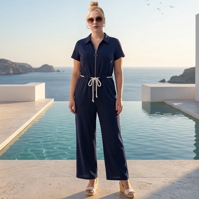 Nautical Womens Navy Blue Zip Front Rope Tie Waist Wide Leg Jumpsuit 0X Beach