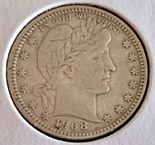 1908 D Barber Liberty Quarter 25c Coin 90% Fine Silver VF Condition