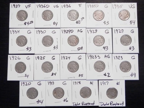Starter set of 19 Circulated Buffalo Nickels 1917 to 1937