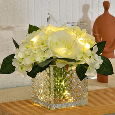 Artificial Silk Rose Flower Centerpiece Arrangement in Glass Vase with LED Light