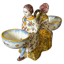 DESVRES FOURMAINTRAUX FRERES MAN WOMAN DOUBLE SALT DISH French Faience c1880