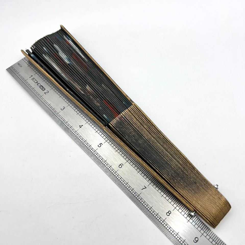 Abanico de mano plegable negro asiático vintage pintado a mano flor madera y tela Foto 3 de 4
