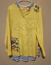 John Mark Embroidered Linen Tunic Roll Tab Sleeve Boho Classy Festive Sz Large