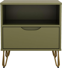 Table de chevet moderne milieu de siècle vert olive Avira 20" avec tiroir et étagère
