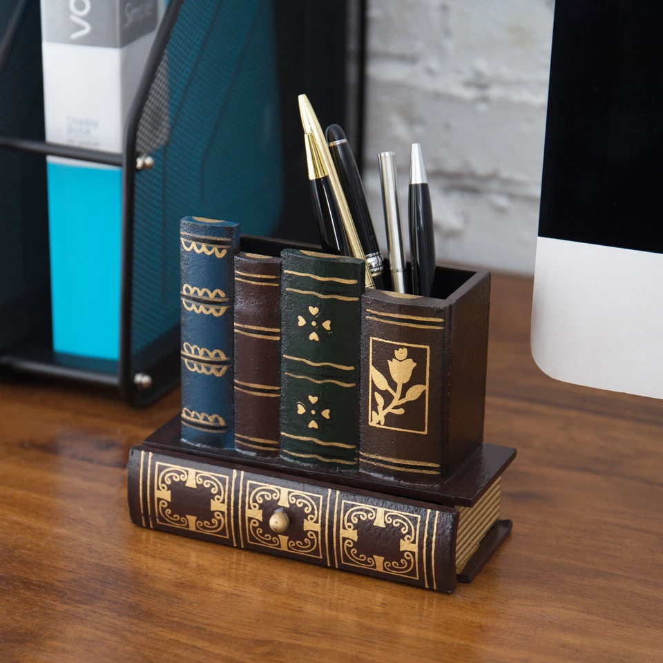MyGift Decorative Library Books Design Wooden Office Supply Caddy Pencil Holder - Image 2 of 4