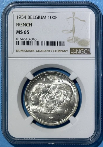 Belgium 1954 100 Francs Silver Coin in French Last Year Issue NGC MS 65 KM 138.1