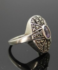 SPARKLING VINTAGE GENUINE AMETHYST MARCASITES ACCENT STERLING SILVER RING SIZE 7