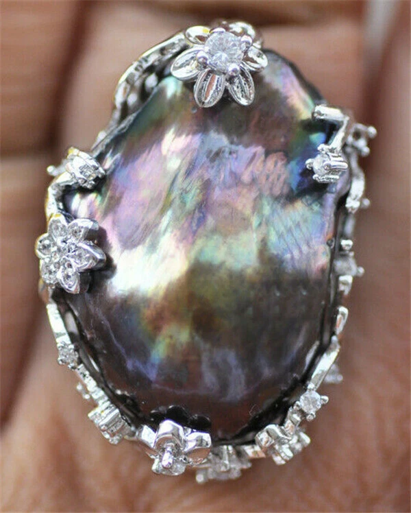 Grande anel de pérola Keshi barroco preto pavão 30 mm CZ - Imagem 2 de 3