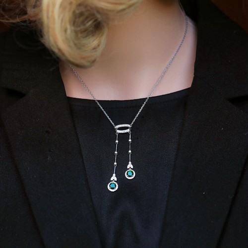 Collana Corto Ciondolo Argentato Bella Periodo 1890 Stile Ovale, Zirconia Cubica