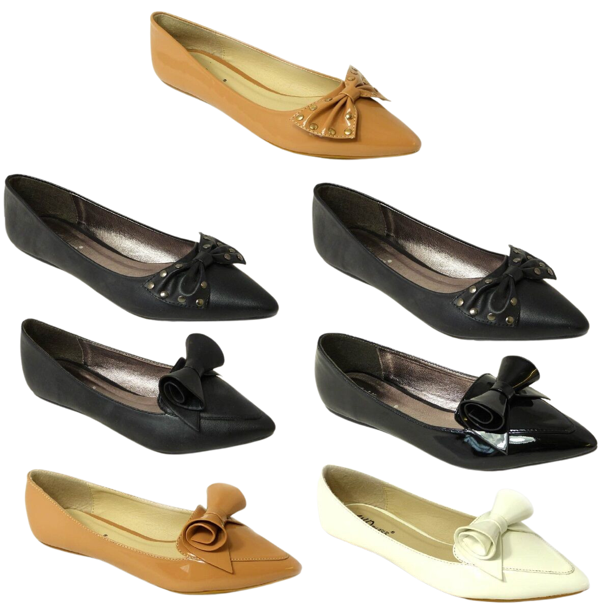 NEW WOMENS FLAT PUMPS LADIES PATENT BALLET BALLERINA DOLLY BOW