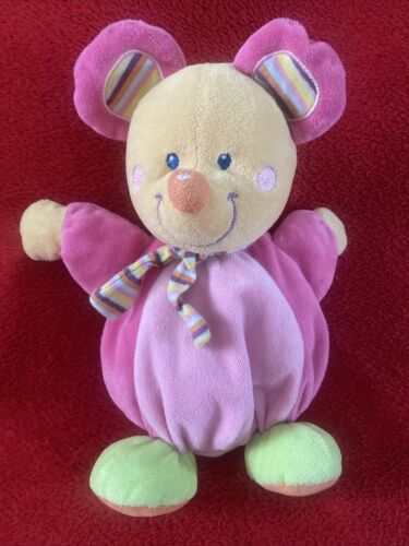 🇫🇷 Peluche doudou souris jaune boule rose écharpe rayée MOTS D ENFANTS - Afbeelding 1 van 6