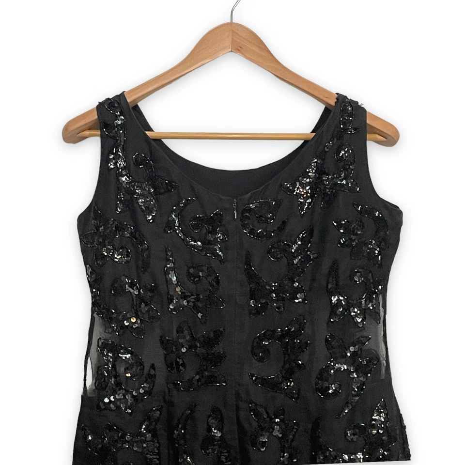 Vestido De Colección Carmen Marc Valvo Negro Bodycon Transparente Cuentas y Lentejuelas Talla 12 - LEER Foto 3 de 4