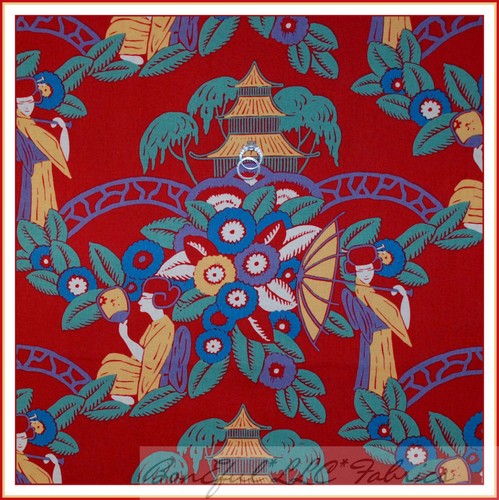 BonEful Fabric FQ Cotton Quilt Red FLOWER Geisha GIRL Oriental Green Tree Scenic - Picture 8 of 11