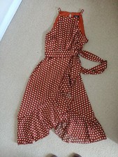 Ladies Polka Dot Summer Floaty Midi Dress Size 12 Burnt Orange & White Strappy