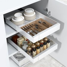 Expandable Pull-Out Cabinet Organizer   No-Screw Slide Shelf, White, 11.8"  18" W