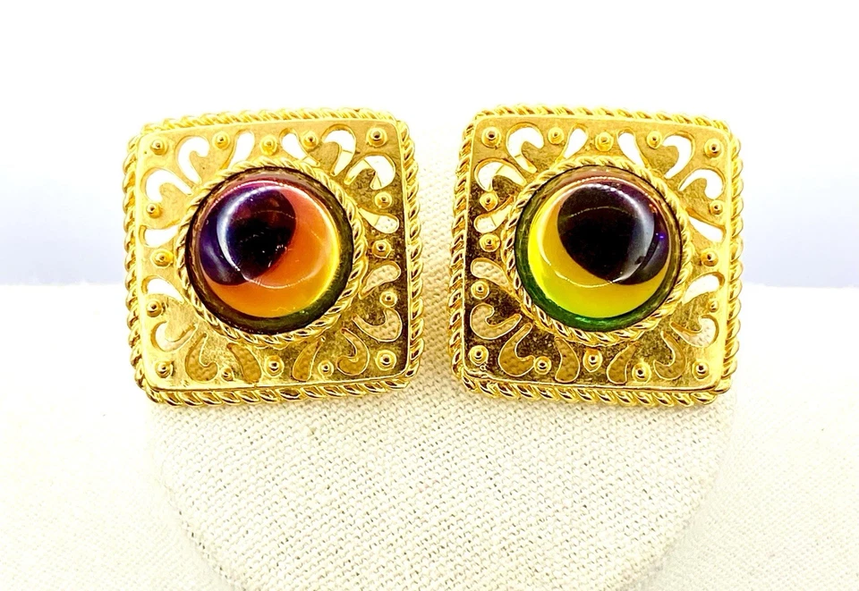 Vtg Gold Tone Rainbow Vitrail Jelly Belly Lucite Cabochon Stud Earrings Art Deco - Image 2 of 4