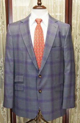 12 / 2024 Hand Made Tweeds 40R Surgeon Cuff gray w/ purple plaid sport coat g0j3 - Image 1 of 4