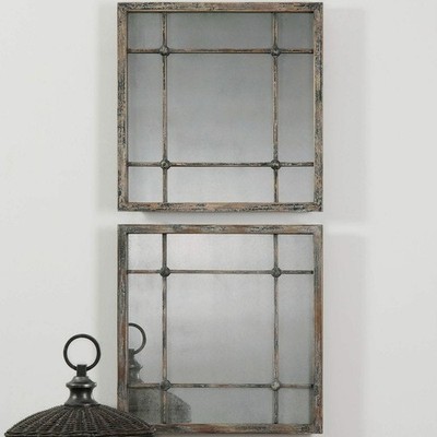 UTTERMOST 13845 SARAGANO SET OF 2 SQUARE DISTRESSED SLATE BLUE ANTIQUED MIRRORS