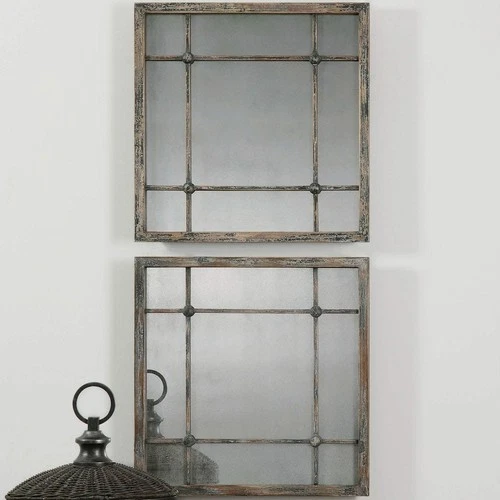 UTTERMOST 13845 SARAGANO SET OF 2 SQUARE DISTRESSED SLATE BLUE ANTIQUED MIRRORS - Picture 1 of 4