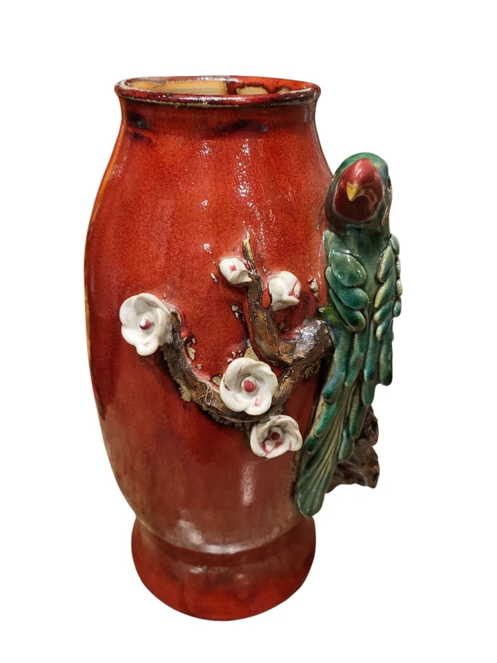 Jarrón mayólica arte cerámica pájaro flores loro pintado a mano raro 16" Foto 3 de 4