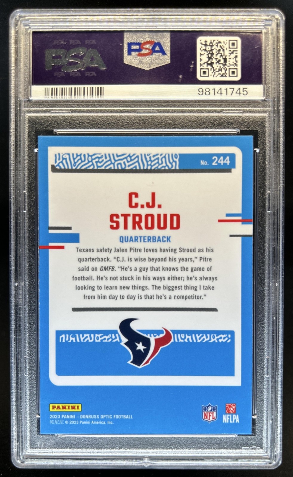 2023 Panini Donruss Optic C.J. Stroud RC Rated #244 Texans PSA 9 Rookie view 2