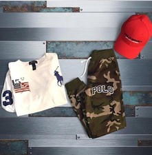 Polo Ralph Lauren Kids Logo 3 Piece Set. Camo Sweatpants ,Shirt And Red Cap