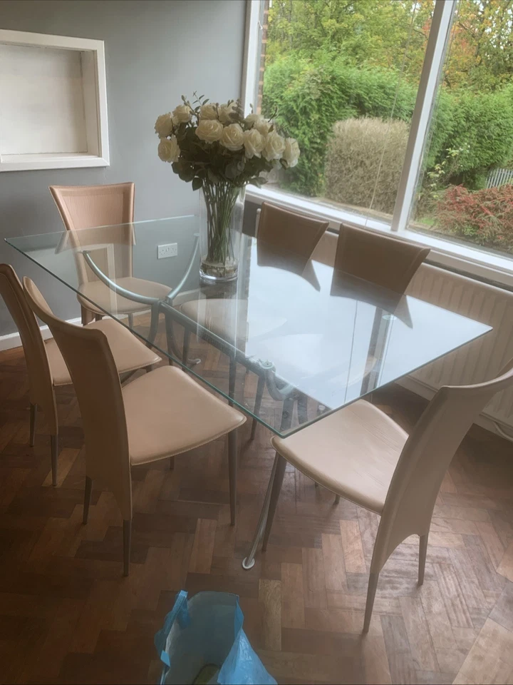 Glass Dinning Table with Hand Made Leather Chairs X6 In Pink Metal Frame VGC - Image 2 of 4