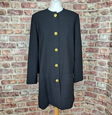 Jaeger Long Sakko schwarz gold Knopf 10 Blazer reine Wolle Oversize Knie Vintage