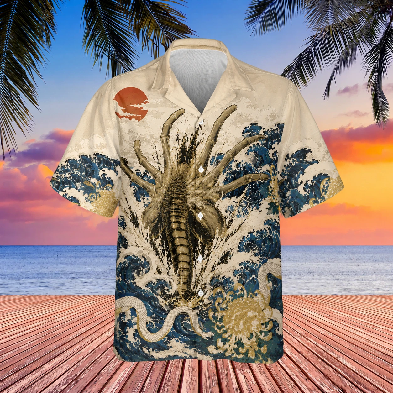 Japanese Art Abyss Monster Hawaiian Shirt Vintage Sea Creature Wave Aloha Shirt