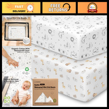 2 Pack Waterproof Mini Crib Sheets, Fitted Organic Cotton Playard Sheets 38x26