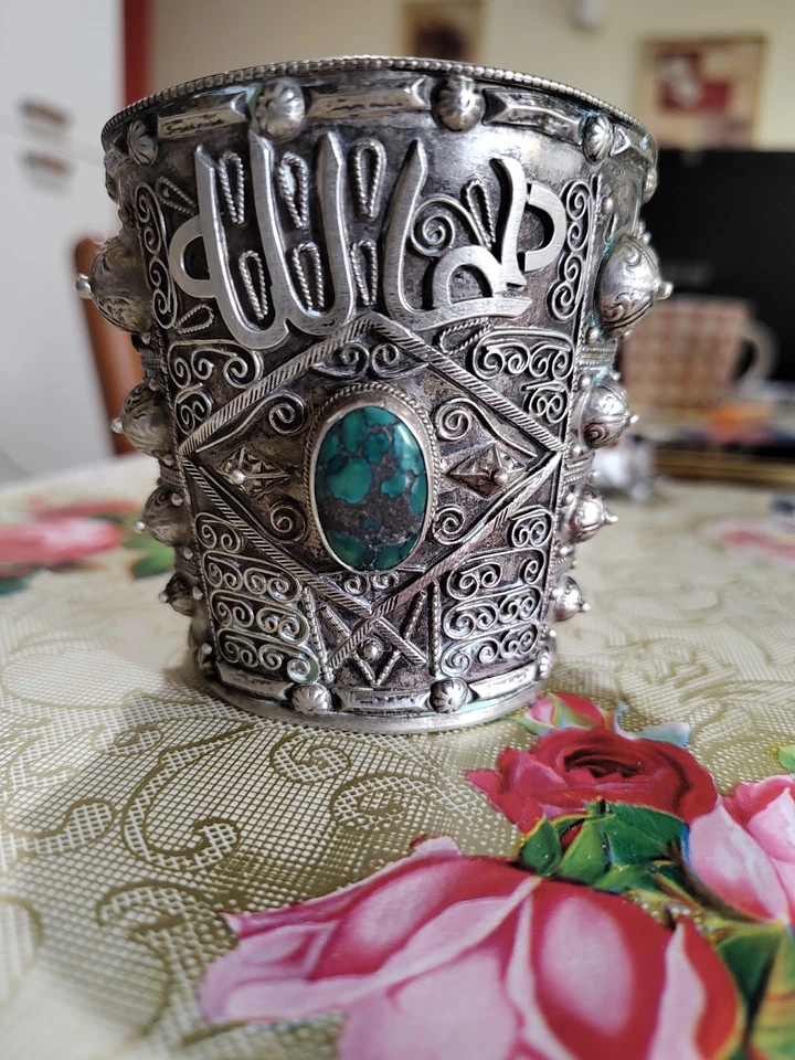 Bracciale Etnico Con Turchese Centrale Argento Con Scritta Allah - Immagine 3 di 4