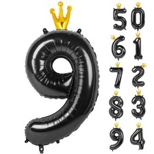 Black Crown 9 Balloon - Number Balloon 40 Inch, 9th Birthday Decorations
