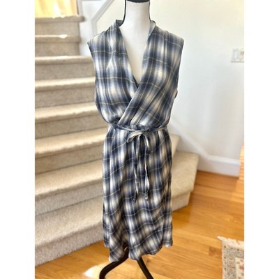 Vince ''Shadow'' Blue & Black Plaid Sleeveless Midi Wrap Dress Grunge 