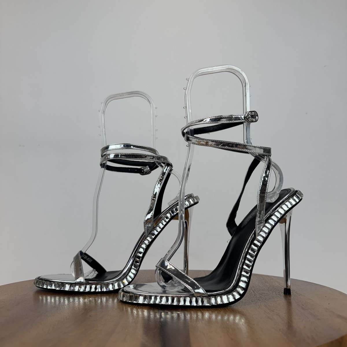 New Womens Azalea Wang Brik Silver Faux Leather Jewel Heeled