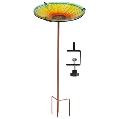 Deck-Mounted Glass Bird Bath with Stake - Blooming Sunflower by Sunnydaze