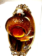 Vintage Italy Amber Glass Perfume Bottle Crystal Lid Geometric Italy Pattern