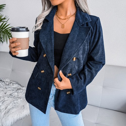 Doppelreihige Damen-Cordjacke Langarm Arbeit Büro Freizeit Blazer Mantel - Bild 4 von 25