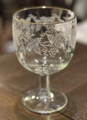 Vintage Goblet Etched Frosted Grapes & Leaves With Gold Rim Dimpled Base 6'' Tall