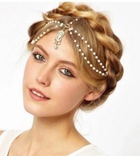 Bohemian Head Dress Beaded Piece Band Chain Hair Band White Indian Style UK H4 
