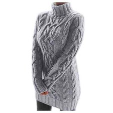 Elegant Women Cable Knit Sweater Dress Turtleneck Mini Long Sleeve Slim Pullover