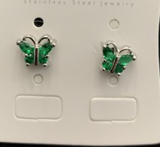 Stainless Steel Green Butterfly Stud Earring