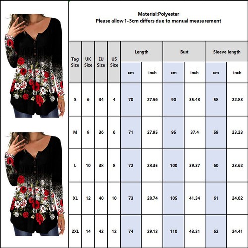 Women's V Neck Floral Print Long Sleeve T-Shirt Ladies Casual Loose Blouse Tee - Picture 2 of 31