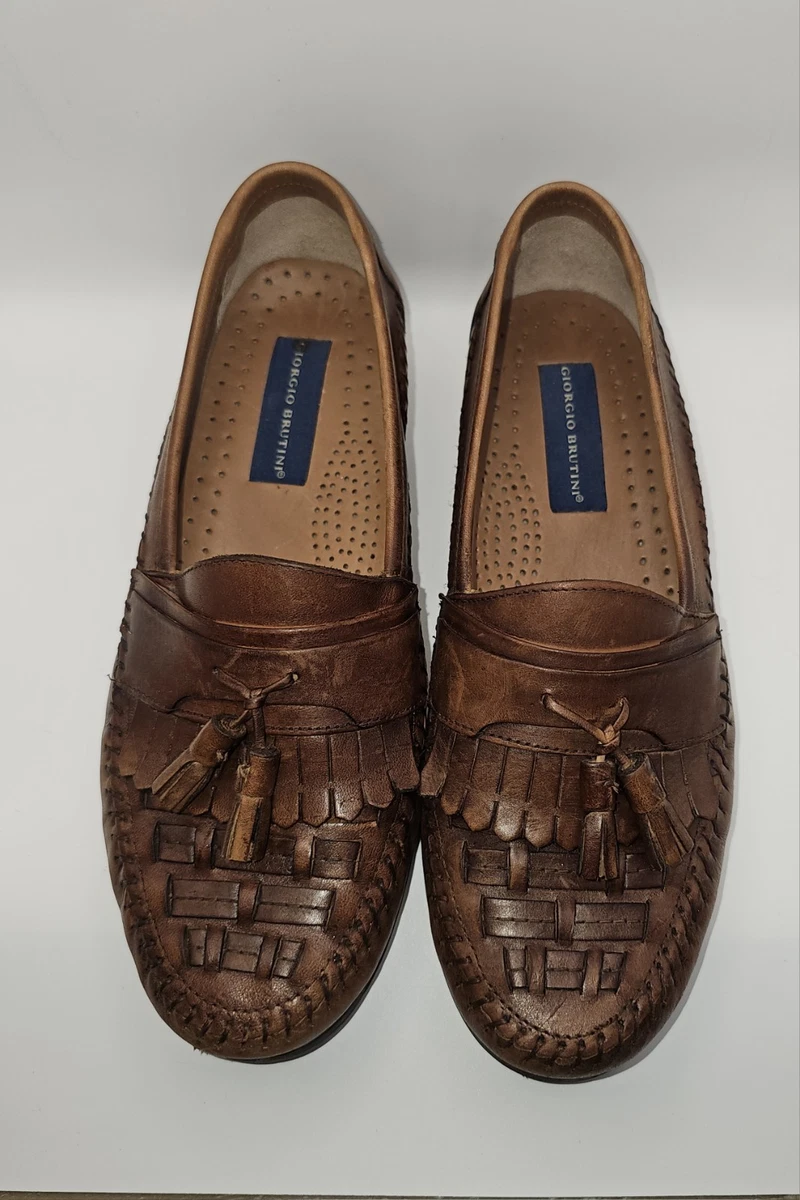 Giorgio Brutini Mens Tassel Loafers 7 Brown Woven Leather Slip On Dress Shoes NI Giorgio Brutini Woven Brown Leather Loafers 9267 Tassel  main image 2