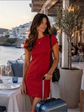 NEW Quince Women's T-Shirt  Dress butter soft Red Tencel Knit Short Slv womens M