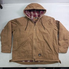 Berne Canvas Work Jacket Men's Brown Flannel Quilt Lined Hooded Winter Sz 2XL