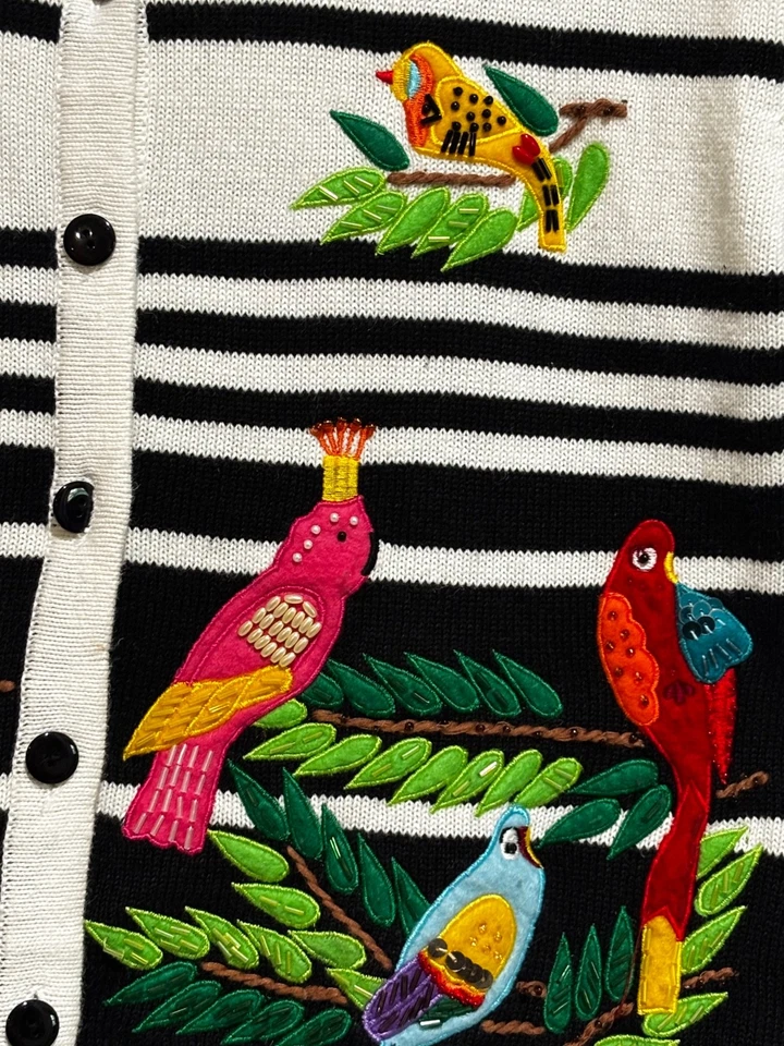 Suéter Top Mujer Terrazo Cuentas Bordado Loro Pájaro Manga Corta Botón XL Foto 2 de 4
