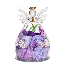 Purple Preserved Rose Angel Figurine in Glass Dome, Eternal Flower Birthday
